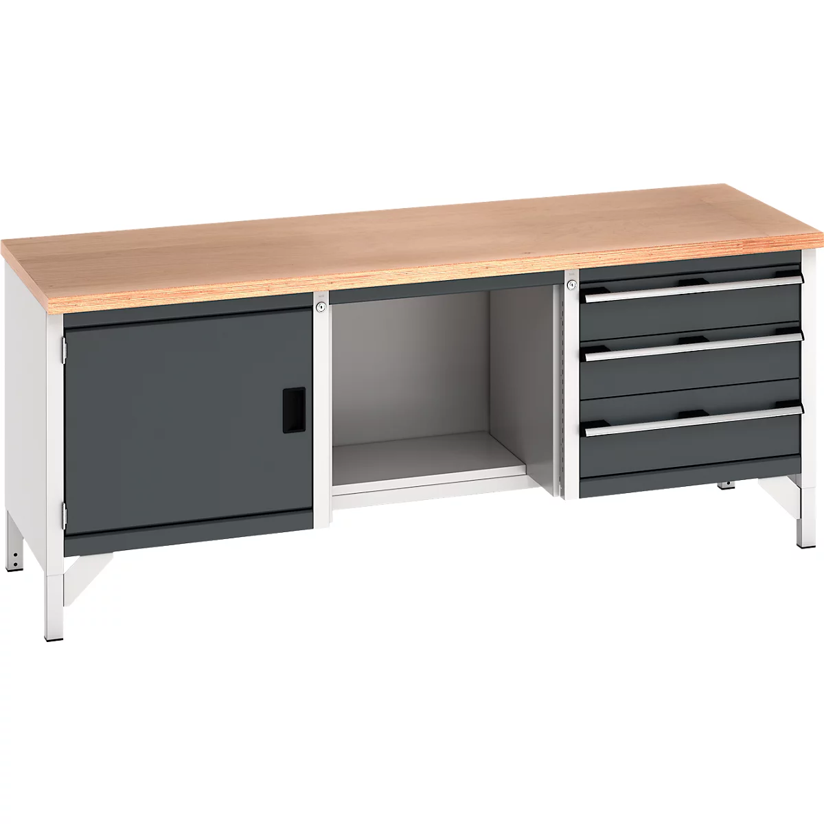Werkbank met houten blad, grijze laden en kastdeur.